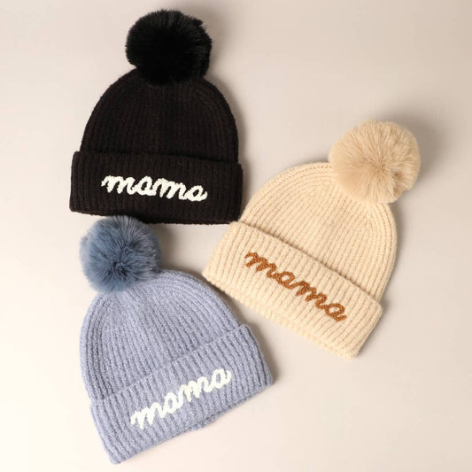 The Mama Script Embroidered Pom Beanie