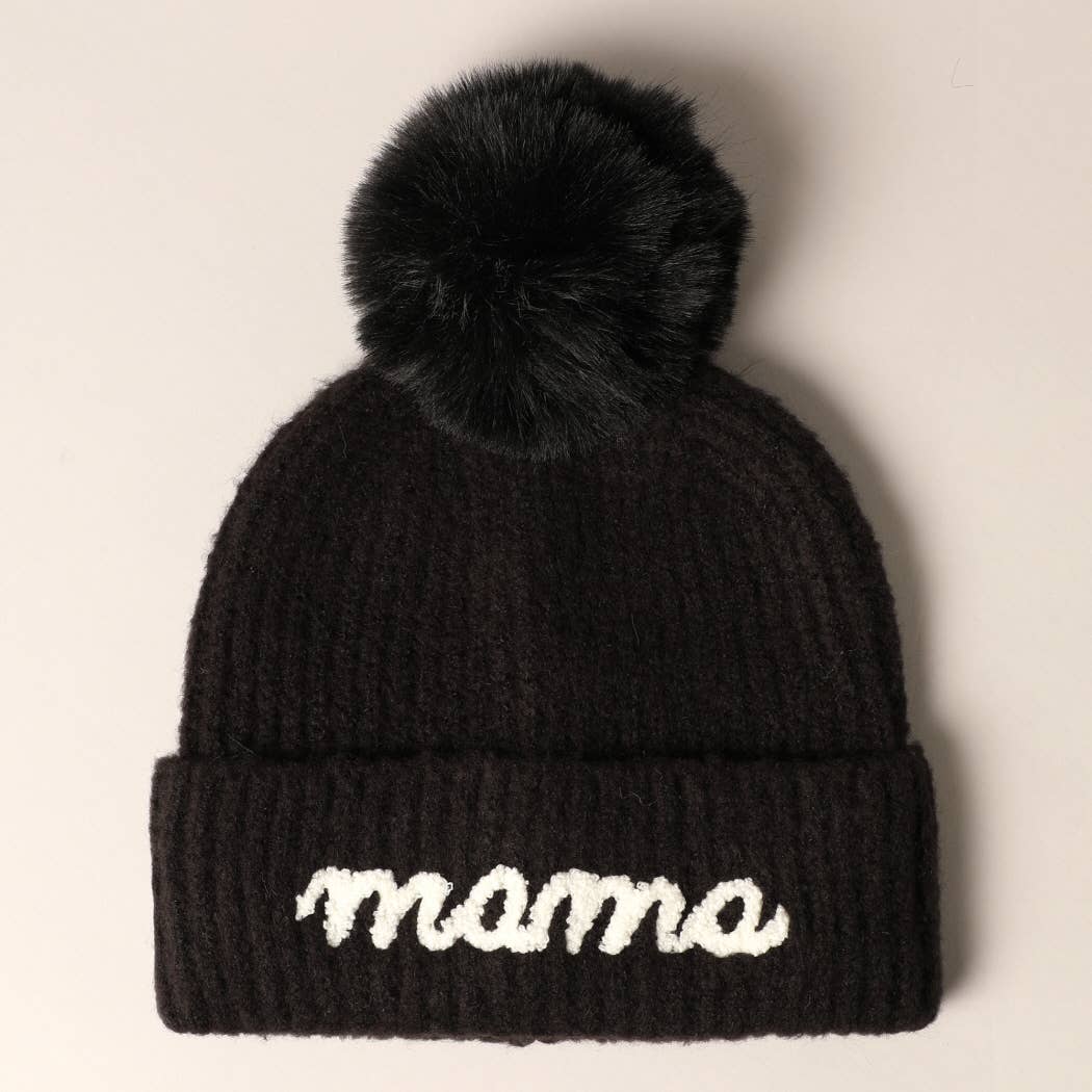 The Mama Script Embroidered Pom Beanie