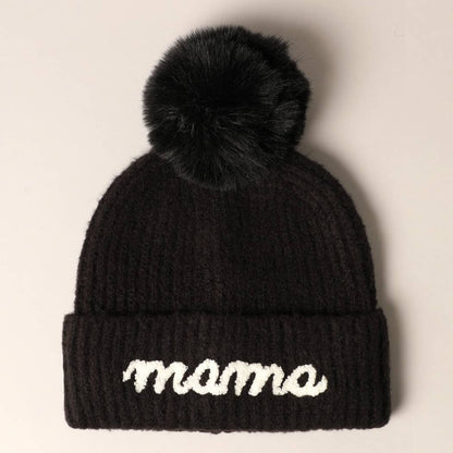 The Mama Script Embroidered Pom Beanie