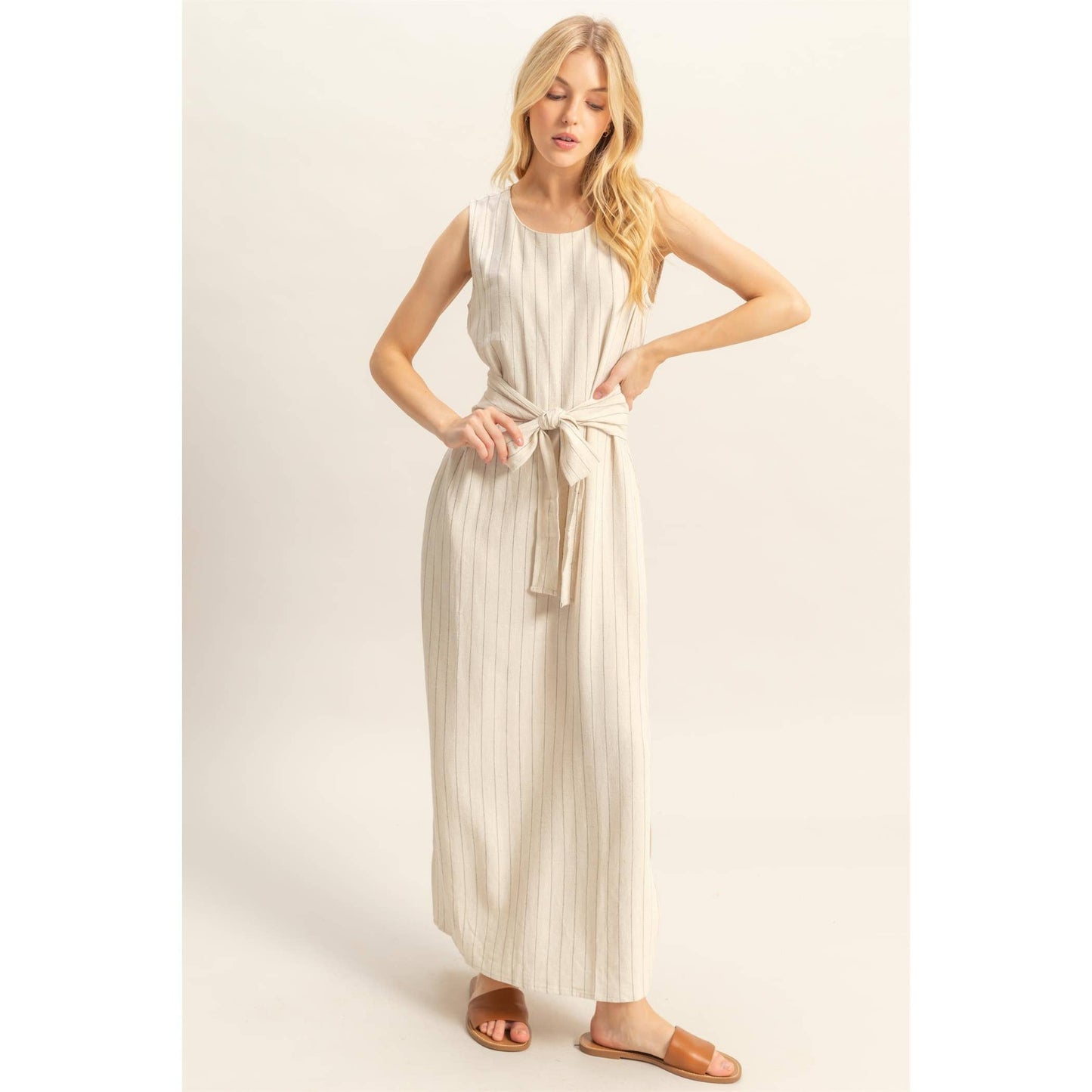 The Blaire Striped Rayon Linen Side Slit Maxi Dress