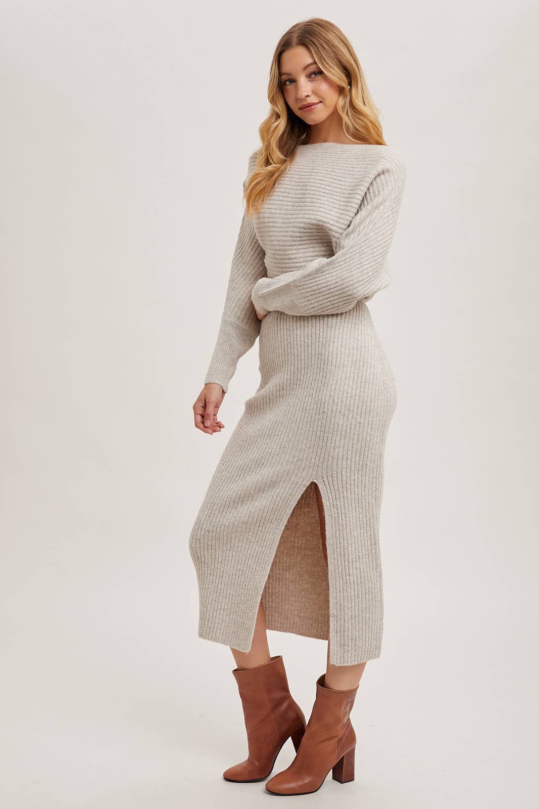 The Rory One Shoulder Side Slit Midi Knit Sweater Dress